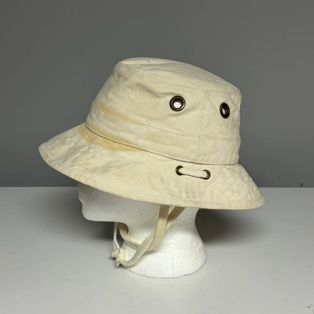 Tilley Endurables Hat Beige Men’s Size 6 3/4 Bucket Sun Straps Khaki - Stains